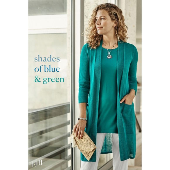 J Jill XL Open Front Knit Cardigan Duster Pockets Teal Green Blue Linen Blend - Picture 1 of 8